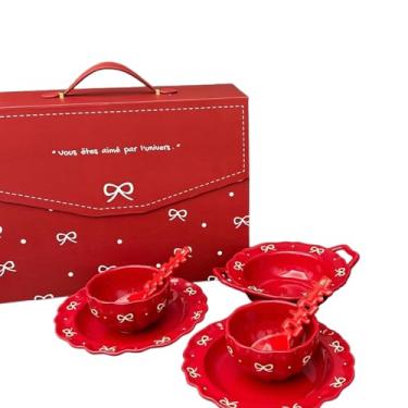 Imagem de Utensílios de mesa minimalistas criativos, fofos e festivos, tigela personalizada simples de cerâmica e lembrança de prato - vermelho para duas pessoas