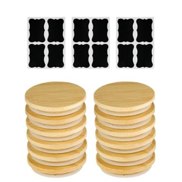 Imagem de TERESRY Pacote com 12 tampas de pote de iogurte Oui com 12 etiquetas, tampas de bambu de grau alimentício para potes de iogurte Oui de 142 g, tampas de conservas de madeira reutilizáveis perfeitas