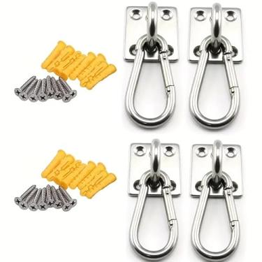 Imagem de 40 kg Capacidade 4 peças M5 Premium Heavy Duty Square Stainless Pad Eye Hooks + 4 ganchos de pressão + pacote com 16 parafusos resistentes + 16 peças de tubo de expansão de plástico, ganchos de teto