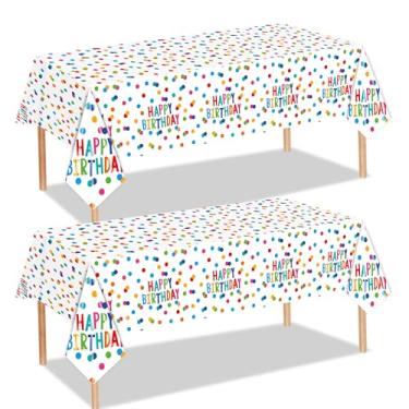 Imagem de DEAYISTY Toalha de mesa de feliz aniversário, design de confetes coloridos, capa de mesa de festa, pacote com 2, branca