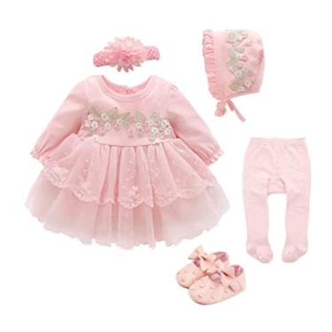 Imagem de foohinck Conjunto de roupas para bebês recém-nascidas 0 3 6 meses princesa rosa vestido branco batismo vestido vestido de festa chapéu sapatos conjunto, Rosa 3, 3 Months