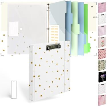 Imagem de Etzul Fichário de 3 anéis de 2,5 cm com prancheta - design branco com pontos dourados e estrelas, inclui divisórias, saco de arquivo e etiqueta de lombada - Glamoroso e funcional para qualquer