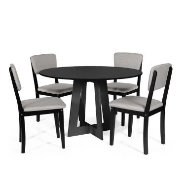 Imagem de Mesa De Jantar Redonda Montreal Preta Com 4 Cadeiras Estofadas Ella Preto/cinza Claro
