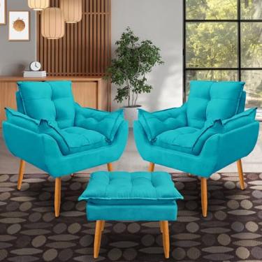 Imagem de kit 2 poltrona Emily puff descanso para os pés tecido suede (azul turquesa)