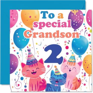 Imagem de Stuff4 Cartão de aniversário 2nd Grandson - Cute Cats Special Grandson - Happy 2nd Birthday Card for Grandson from Nanny Grandma Grandad, 145 mm x 145 mm Idade 2 Dois cartões comemorativos para neto