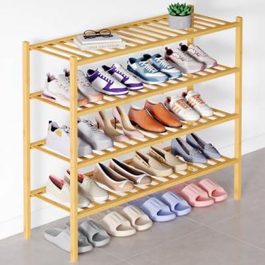 Imagem de Smiry Sapateira de bambu para armário, organizador de sapatos empilhável de madeira de 4 níveis, prateleira de armazenamento de sapatos de pé livre para entrada, entrada da porta da frente, natural