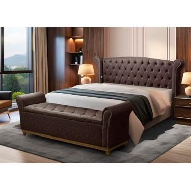 Imagem de Cabeceira e Baú Grécia Solteiro, Courino Sintético Bege, Capitonê com Tachas, 140x128x25 cm (Marrom Escuro)