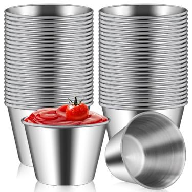 Imagem de 50 peças de 70,9 g Ramequins metálicos de aço inoxidável copos de molho ramequins recipiente de molho a granel tigelas redondas copo de condimento para prato manteiga cozinha restaurante servir festa