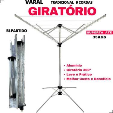 Imagem de Varal 9 Cordas Giratório 100% Alumínio Parabolico - Bipartido - HS PRO