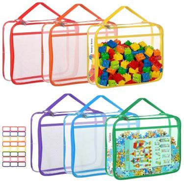 Imagem de 6 pacotes grandes de sacos de armazenamento de brinquedos com etiquetas, armazenamento de jogos de tabuleiro de PVC transparente reutilizável, bolsas organizadoras à prova d'água para viagem com zíper
