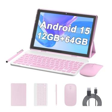 Imagem de Tablet de 10 polegadas Android 15 (não vai), tablets 2 em 1 com teclado 12 GB de RAM + 64 GB de ROM (suporta expansão de 1 TB) Tableta 2 MP + câmera de 8 MP 6000 mAh, mouse/capa/Stylus 5G Wifi-6