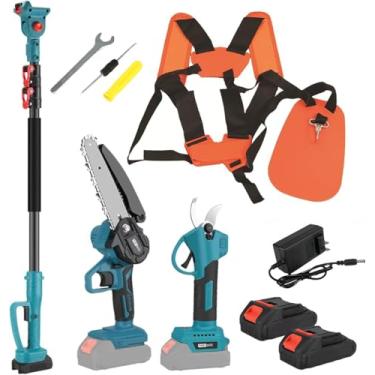 Imagem de Serra De Poste Sem Fio 3-em-1 & Mini Motosserra De 6 Polegadas, Com Alça De Ombro Para Aparador, 2 Baterias E Carregador Incluídos, Cortador De Ramo Alto Estendido Para Galhos Grossos