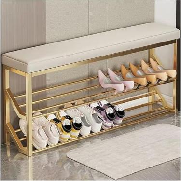 Imagem de Banco De Sapateira De 2 Andares Com Armazenamento De Metal Banco De Entrada Industrial Para Entrada Hall Suporte De Sapato Organizador E Assento, Gold+beige, 100 * 20 * 48cm