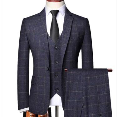 Imagem de Ternos 3 Peças Me Conjunto De Terno Slim Fit Terno Xadrez Para Mim Oe Buttos Busiess Terno Jaqueta Colete Pat Ad Tie, Blue, 4XL