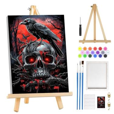 Imagem de MOGTAA Kit de pintura de caveira de Halloween por números para adultos iniciantes com moldura, kits de pintura de pássaros adultos por números em tela com cavalete, kits de pintura a óleo DIY fáceis