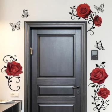 Imagem de Peacoblue Adesivos de parede Red Roses Decoração Removível Peel and Stick, 2 Folhas 30 cm x 96 cm Vinil 3D Murais de Parede para Quarto Sala de Costurar Banheiro Sala de Aula Sala de Jogos Casa