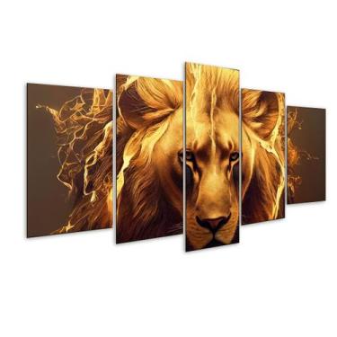 Imagem de Quadro 5 Peças Leão Dourado África Lion Sala Quarto Mosaico - Decorado