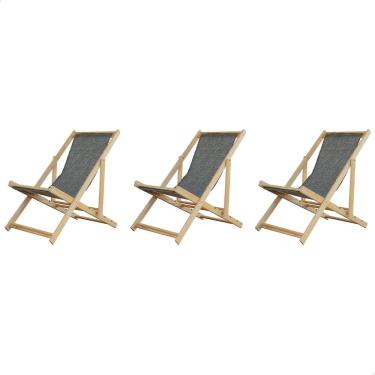 Imagem de Kit 3 Espreguiçadeiras Preguiçosa Dobrável sem Braço Natural em Madeira Maciça Tecido
