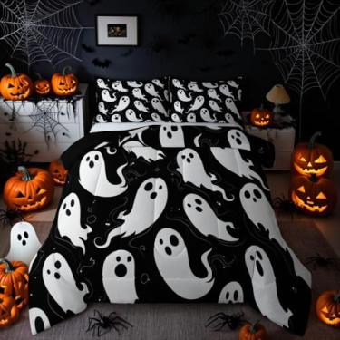 Imagem de jejeloiu Jogo de cama casal com tema de Halloween, fantasma fofo, para meninos e meninas, desenho kawaii, edredom para decoração de quarto