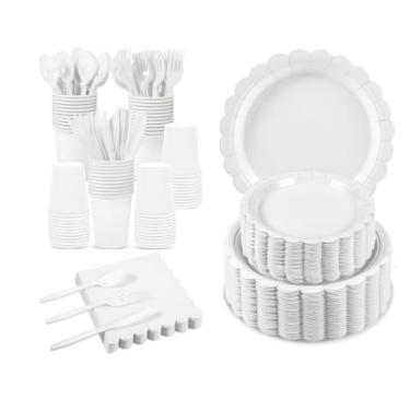 Imagem de Pratos e guardanapos de papel branco, 25 pratos de aniversário brancos para convidados, incluindo pratos recortados, copo de guardanapo de papel, colher de plástico, garfo e faca para chá de bebê