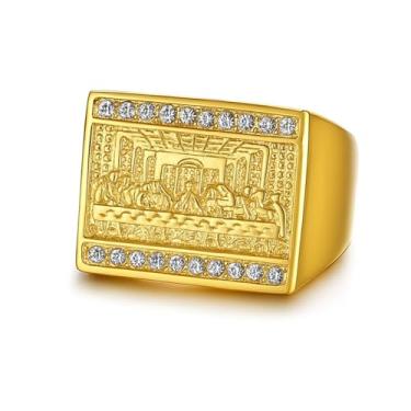 Imagem de Fanshu Anel de aço da Última Ceia, Aço Inoxidável Iced Out Titanium Golden The Last Supper Painting Christianity God Jesus Signet Ring for Men Women Couple Friends Gift Fashion Jewelry Hip Hop, 12