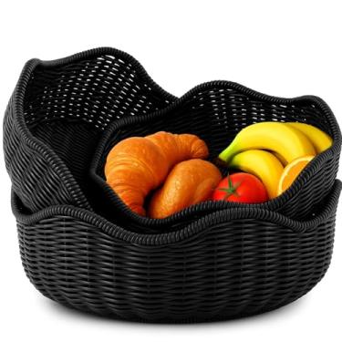 Imagem de SiliFine 3 cestos de pão de plástico de vime para servir tigela de frutas de vime para organizar balcão de restaurante (29 cm, 26 cm, 26 cm)