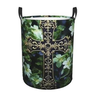 Imagem de Cesta de lavanderia com cruz preta entre flores verdes, dobrável, impermeável, cesto de armazenamento de roupas com alças, pano Oxford, organizador de brinquedos, cesta para banheiro, lavanderia