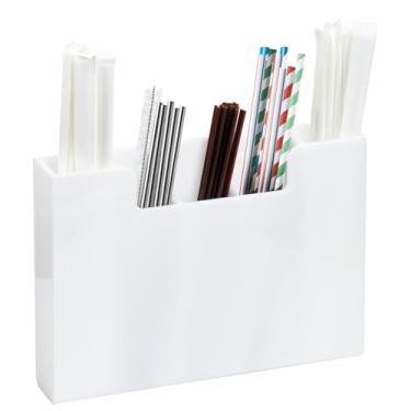 Imagem de Suporte de canudo de acrílico para armário de balcão, dispensador de canudo com 5 compartimentos com 2 métodos de instalação para cozinha cafeteria, branco