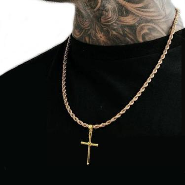 Imagem de Colar Masculino ouro 18k Banhado baiano torcido Aço 60cm + Pingente Cr