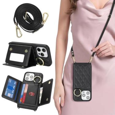 Imagem de DEYHU Capa de telefone para iPhone 13 Pro Max com suporte para cartão e alça para mulheres, bolsa transversal com suporte de anel, maquiagem espelhada, carteira para Apple13promax - preta