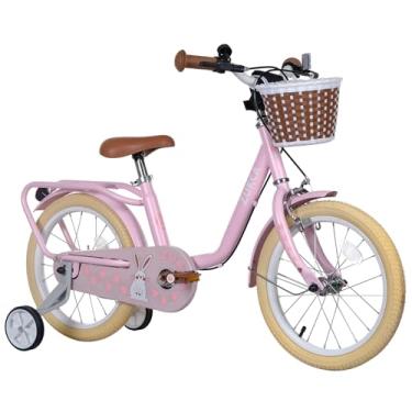 Imagem de Bicicleta para meninas de 40 cm com cesta e rodas de treinamento, bicicleta de 4 a 7 anos para meninas, rosa para meninas, bicicleta infantil com freios duplos e pneus para todos os terrenos, assento