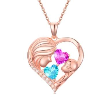 Imagem de Zoeniya Colar com pingente de coração banhado a ouro rosa para mãe e filha com 12 meses, presentes de dia das mães para mãe, pedra do mês de nascimento, joia de aniversário para mãe, esposa, namorada