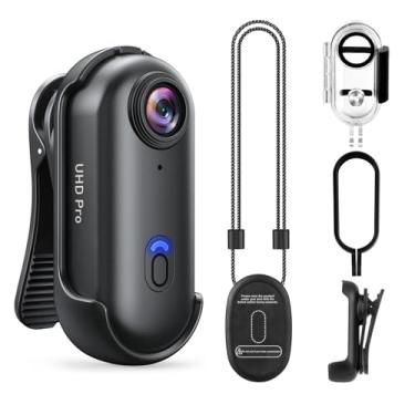 Imagem de Kit de câmera corporal de ação 4K, câmera POV portátil com gravação de áudio e vídeo, câmera corporal vestível com clipe magnético, capa à prova d'água e acessórios de suporte, para ciclismo, mergulho