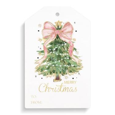 Imagem de Teling 50 peças de etiquetas de presente de papel de Natal Little Merry Christmas Etiquetas de papel de Natal para pendurar etiquetas adesivas com corda de juta para evento de temporada (laço rosa)