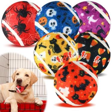 Imagem de Seenelling 6 bolas de tênis de Halloween para cães interativas para cães pequenos, médios e grandes, brinquedos de busca duráveis de 6 cm para treinamento de mastigação agressivo, 6 estilos