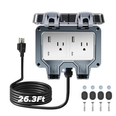 Imagem de ZUYIYI Caixa de tomada elétrica externa com cabo de extensão de 26,3 m, portas USB e tipo C, STW 14 AWG, NEMA 5-15R Tomadas elétricas duplas, à prova de intempéries IP66, tomada de parede externa com