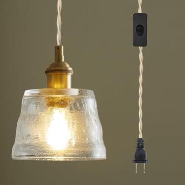 Imagem de Sedelan Luminária pendente com plugue de vidro, luzes de pendurar vintage com cabo de conexão, luminária pendente de latão para quarto, cozinha, ilha, sala de jantar, sala de estar, E26