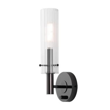 Imagem de BYOLIIMA Luminária de banheiro preta com persianas de vidro transparente listradas, arandelas de parede modernas, interruptor liga/desliga, luz de parede interna para espelho, sala de estar, quarto