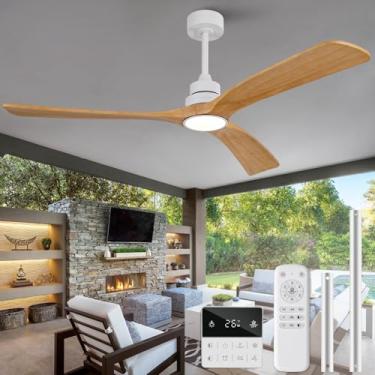 Imagem de OMYU Ventilador de teto com luz de 152 cm, controle remoto, interruptor de parede, lâminas de madeira maciça, regulável, motor CC silencioso reversível, sem memória, ventilador de teto branco moderno