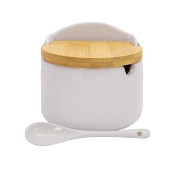 Imagem de Saleiro De Porcelana Para Mesa Posta Branco Com Colher E Tampa Bambu -