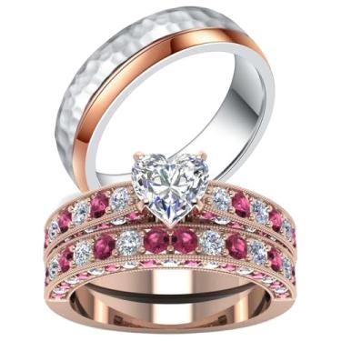 Imagem de 2 anéis para ele e ela conjuntos de alianças de casamento femininas banhado a ouro amarelo coração CZ conjunto de alianças de casamento masculinas de carboneto de tungstênio, women size7 & men size13