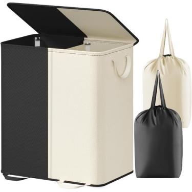 Imagem de Cesto de roupa suja Lifewit Double com tampa e 2 sacos 155L branco e p