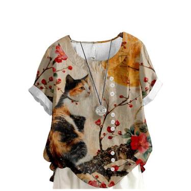 Imagem de Blusa de verão feminina de algodão e linho Tops domirica com estampa d