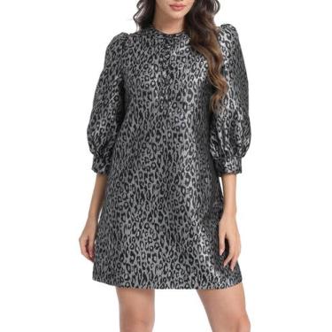 Imagem de Vestido Ladyful Leopard Jacquard com gola redonda e manga 3/4 para mul