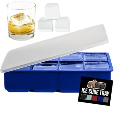 Imagem de Gorilla Grip Bandeja grande de silicone para freezer, tampa empilhável, molde de liberação fácil, 8 cubos quadrados gigantes, bebidas de uísque de derretimento lento, café gelado, utensílios