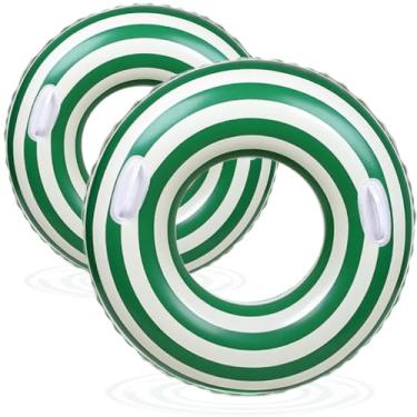 Imagem de Boia inflável de piscina de 109,2 cm e 76,2 cm para adultos – Pacote com 2 boias de natação listradas verdes com alças flutuantes infláveis para piscina, festa, lago praia, adultos (verde, 90 + 120)