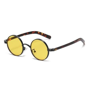 Imagem de HPIRME Óculos de sol redondos pequenos retrô de metal punk femininos, lentes transparentes, armação masculina, óculos de sol UV400 (amarelo leopardo)