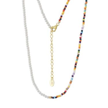 Imagem de Bellitia Jewelry Colar elegante banhado a ouro prata esterlina 925 joias boêmias multicoloridas com pérolas para mulheres, Vidro, Pérola