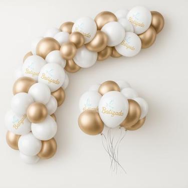 Imagem de Kit de Balões Bexigas Batizado Branco e Dourado Decoração para Batizado Festa de Batizado Arco de Balões Bolas Balão Bexiga Arco Orgânico - Fácil de Montar