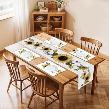 Imagem de Conjunto de 5 peças de mesa e jogo americano de girassol para decoração de jantar de linho de algodão para uso diário, conjunto de tapete de jantar vintage com decorações florais brilhantes de